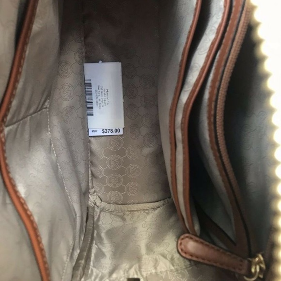 MK Michael Kors Monogram Gold Stud White Backpack